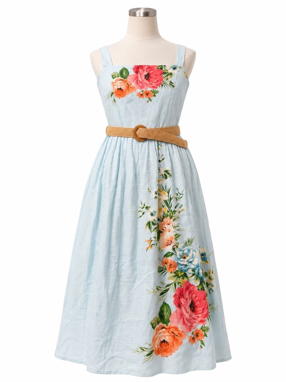 Maison Tara Light Blue Floral Sundress with Tan Belt